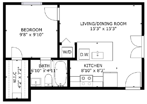 Floor plan for 1 bed, 1 bath, 396 sqft